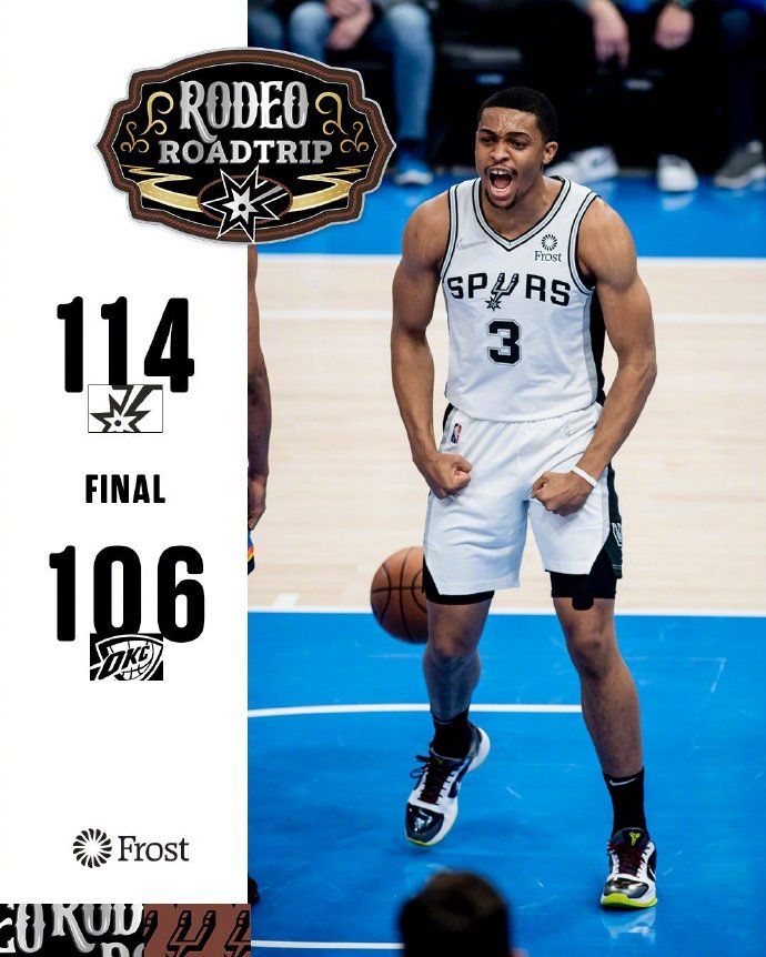 NBA常规赛马刺114-106雷霆 珀尔特尔20+17+5 穆雷18+7+8