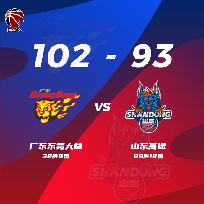 CBA战况:广东102-93山东 徐杰18+8+5 吉伦沃特27+8